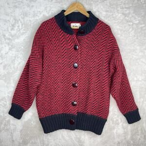 Vintage Saito Mohair Cardigan Red Black Geometric Shaggy Grunge Oversized S 80s